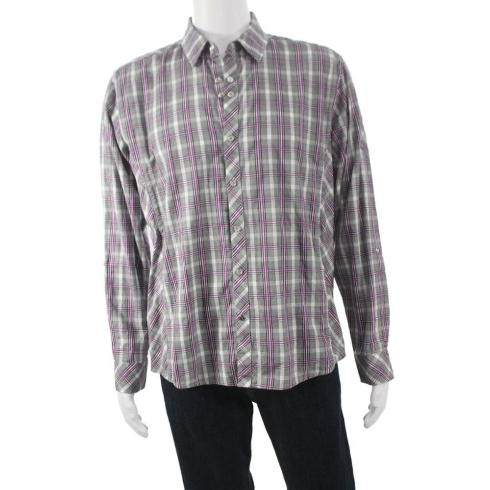 Civil Society Mens Button Front Long Sleeve Collared Plaid Shirt Gray Large